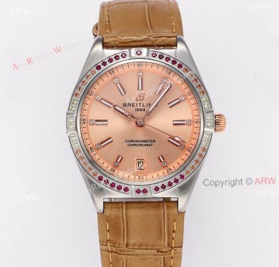 Swiss Grade Replica Breitling Chronomat Rainbow Bezel Copper Dial watch Rose Gold Screw Down